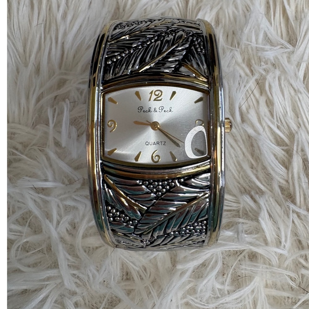 Peck & Peck Two Tone Silver Gold Leaf Design Cuff Bangle Watch Quartz Battery‎